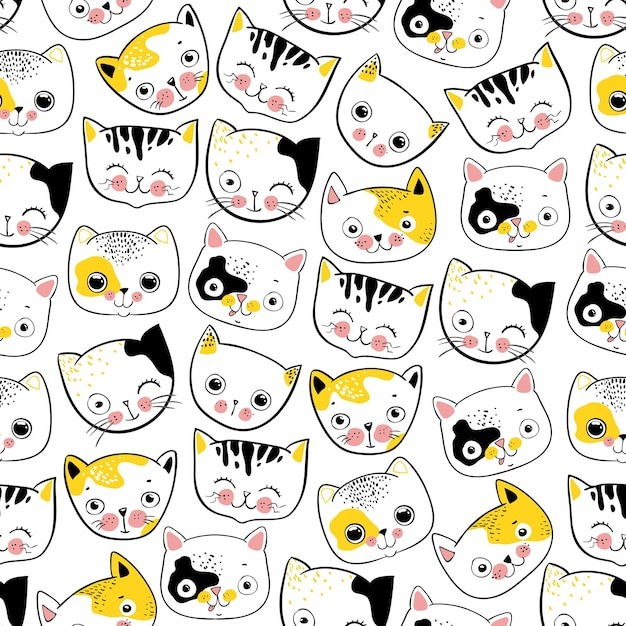 无缝可爱猫咪插画花纹背景