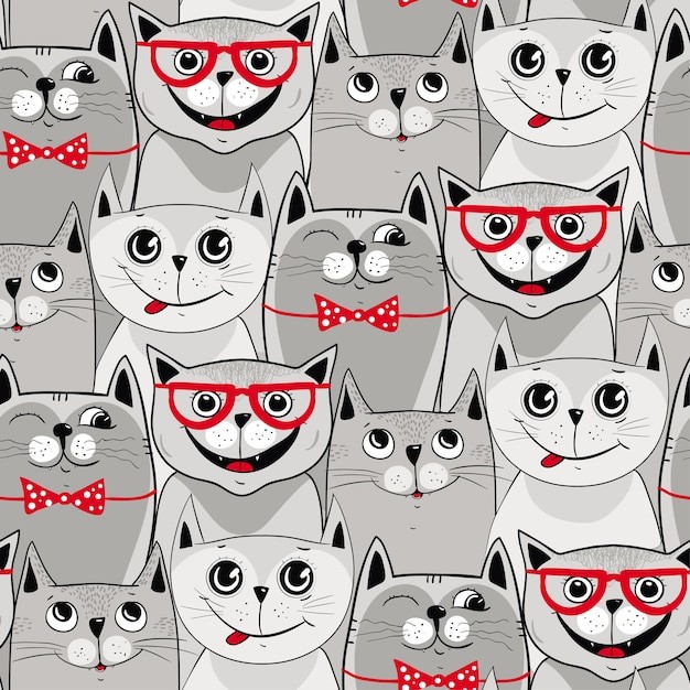 无缝可爱猫咪插画花纹背景