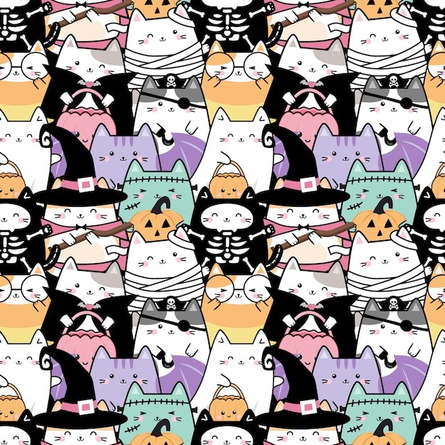 无缝可爱猫咪插画花纹背景