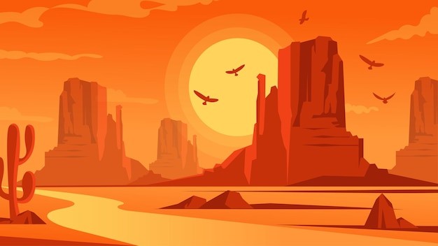 戈壁荒漠沙漠落日风景插画