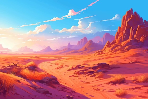 戈壁荒漠沙漠落日风景插画