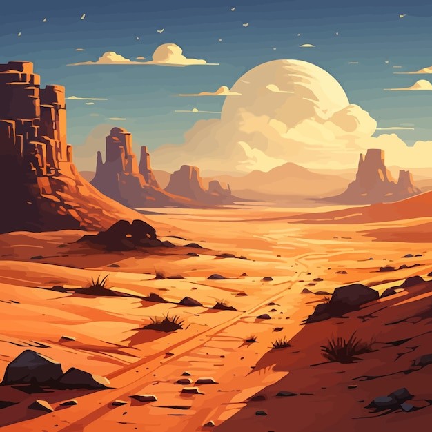 戈壁荒漠沙漠落日风景插画