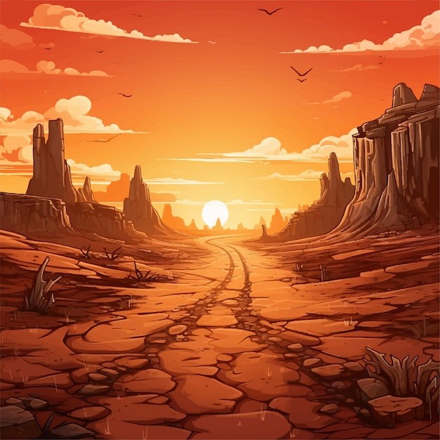 戈壁荒漠沙漠落日风景插画