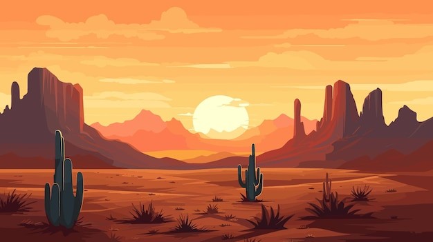 戈壁荒漠沙漠落日风景插画