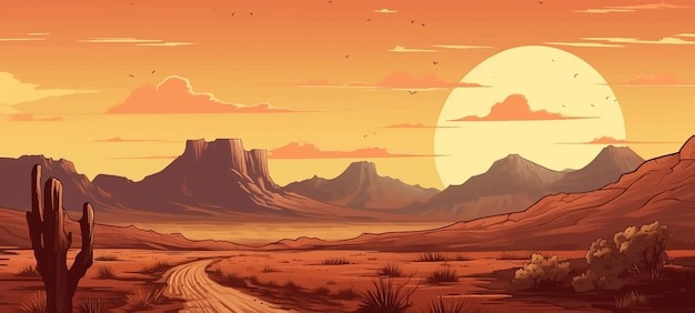 戈壁荒漠沙漠落日风景插画