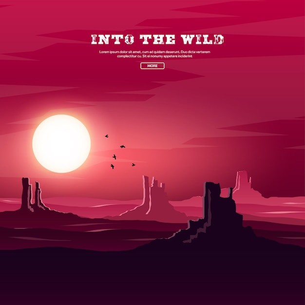 戈壁荒漠沙漠落日风景插画