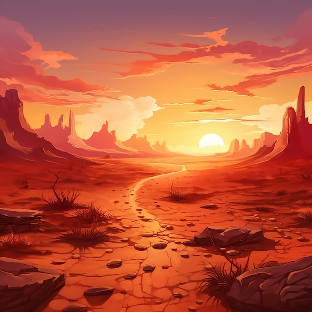 戈壁荒漠沙漠落日风景插画