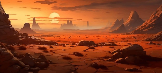 戈壁荒漠沙漠落日风景插画