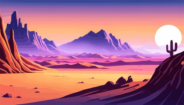 戈壁荒漠沙漠落日风景插画