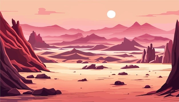 戈壁荒漠沙漠落日风景插画