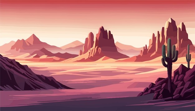 戈壁荒漠沙漠落日风景插画