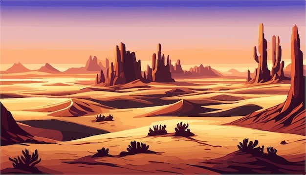 戈壁荒漠沙漠落日风景插画