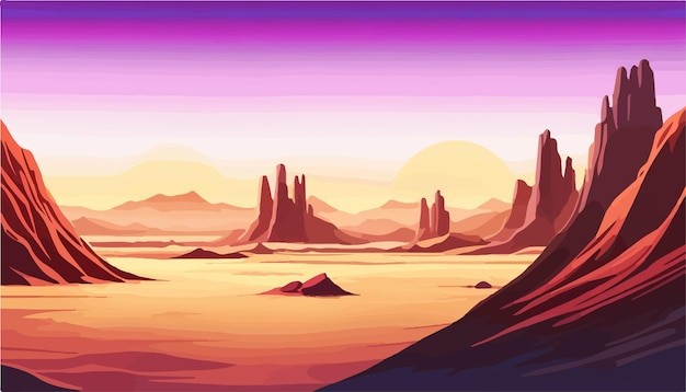 戈壁荒漠沙漠落日风景插画