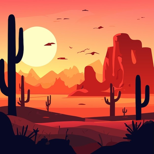 戈壁荒漠沙漠落日风景插画