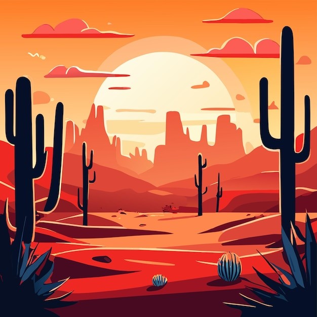 戈壁荒漠沙漠落日风景插画