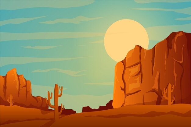 戈壁荒漠沙漠落日风景插画
