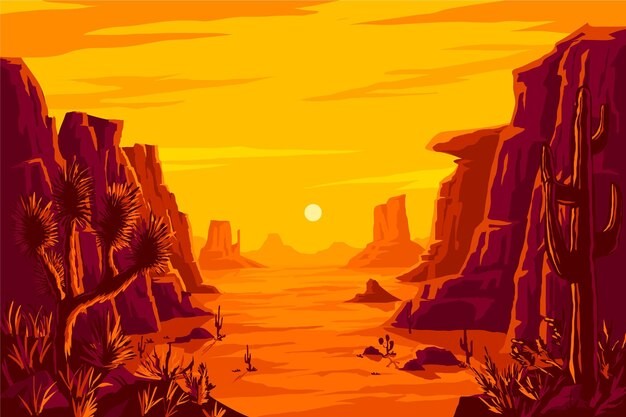 戈壁荒漠沙漠落日风景插画