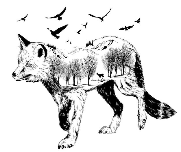 多重曝光素描狐狸插画