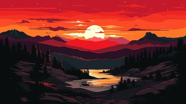 户外大山森林落日风景插画