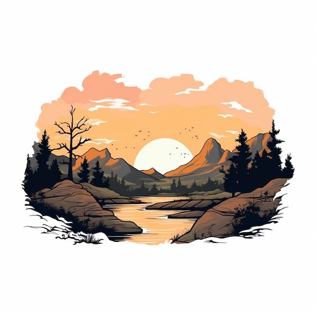 自然风景落日河流插画