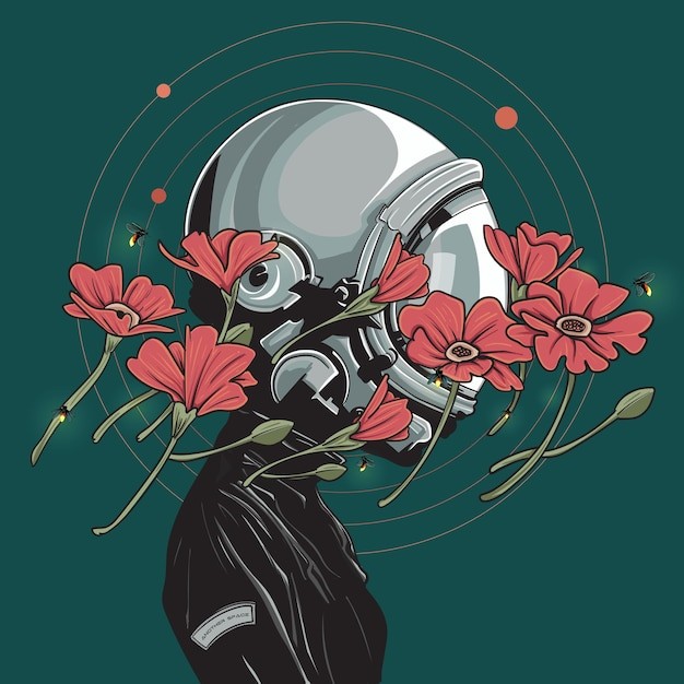 花朵戴面罩的人物角色幻想插画