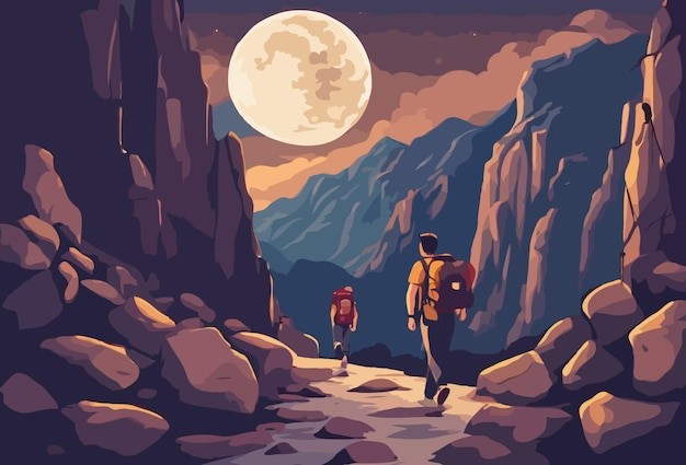 月光下徒步旅行在山路上人物风景插画