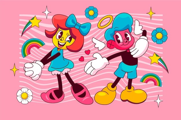 橡皮管风格卡通情侣人物插画