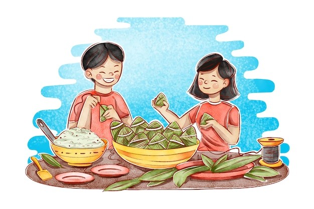 水彩风格端午节家人包粽子插画