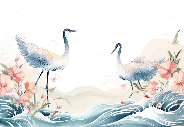 中国风中式仙鹤插画背景