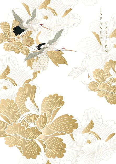 中国风中式金色花朵仙鹤插画背景