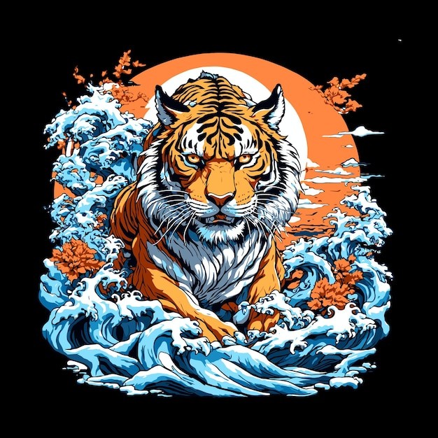 中国风猛虎波浪老虎插画