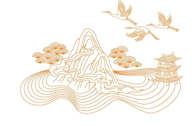 中式山水画仙鹤插画背景