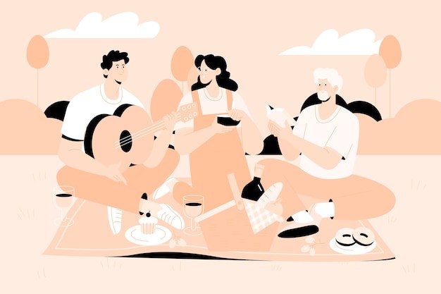 手绘扁平的人在野餐的插画