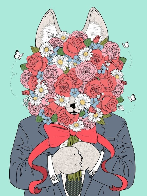 狼捧着一束花插画