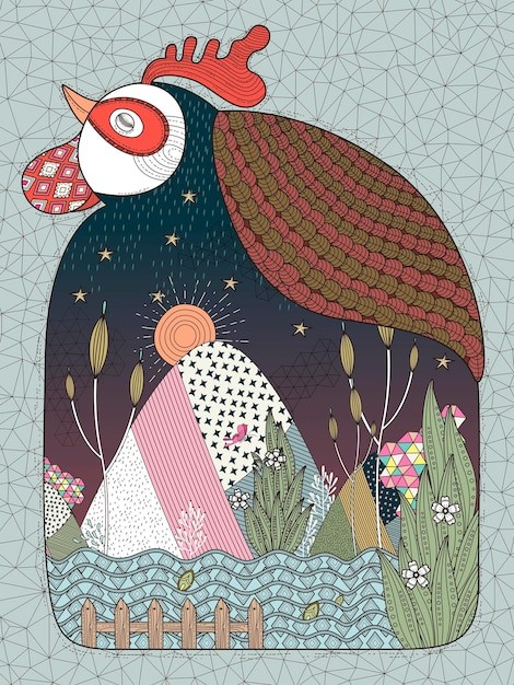 公鸡植物山夜晚风景插画