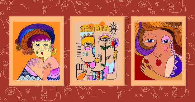 毕加索风格抽象人脸肖像线条画手绘线条和涂鸦艺术插画