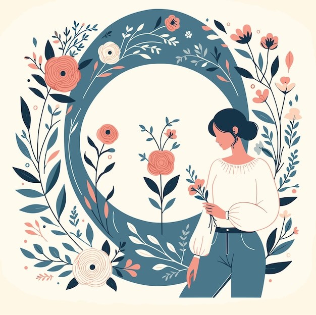 花朵镜子女孩插画