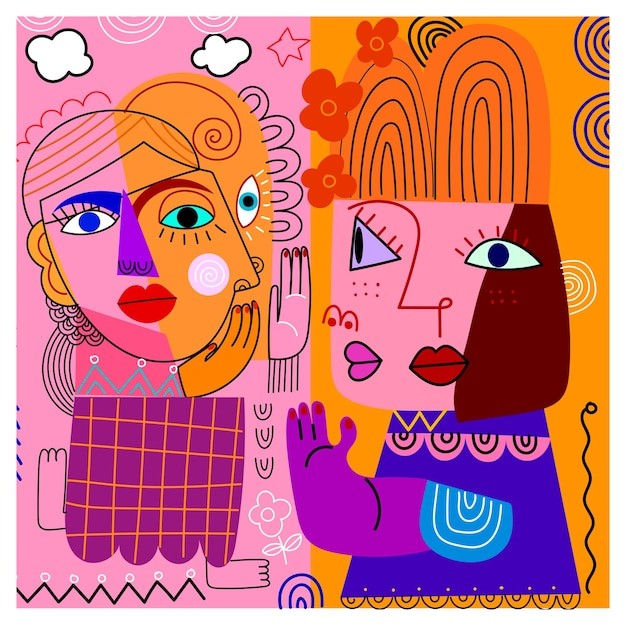 毕加索风格彩色立方主义装饰艺术抽象人脸肖像几何线条插画