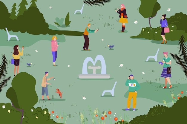 人们在公园手持智能手机的扁平化插画，年轻扁平女性和男性生活方式