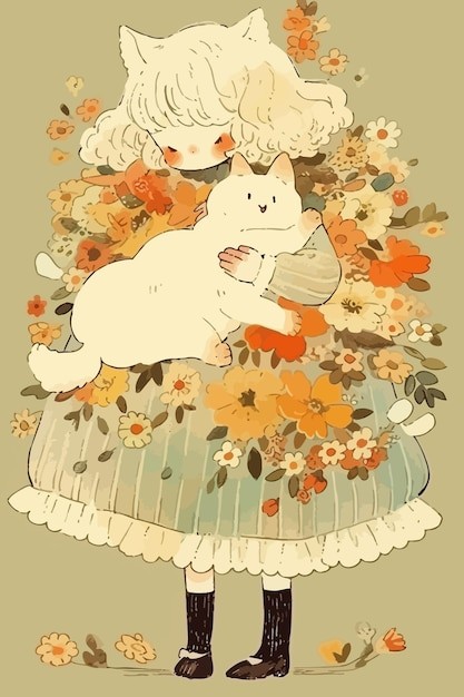 萌长裙女孩抱着猫插画