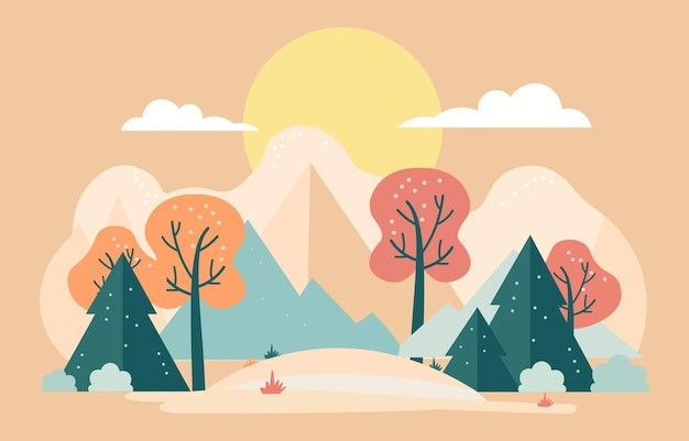 公园中春日里树木的扁平设计插画