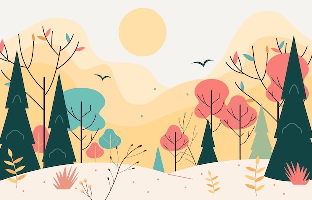 美丽的夏季自然景观图，扁平设计，包括松树和植物