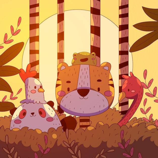 手绘的卡通动物插画