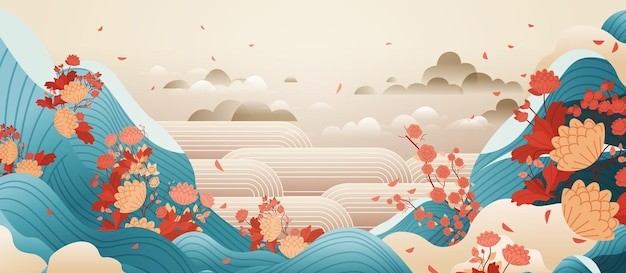 绽放的花朵，花瓣簇拥枝头，绿叶装点，中国新年贺卡祝福语