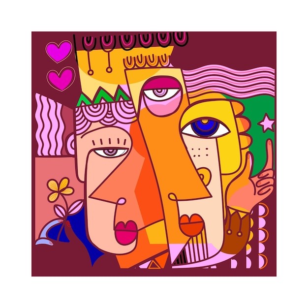 一组彩色抽象人脸立体派艺术风格装饰线条手绘插画