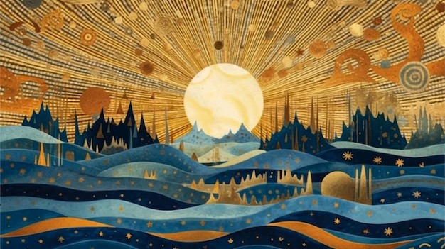 华丽中国风中式国潮海上日出海浪太阳光芒插画