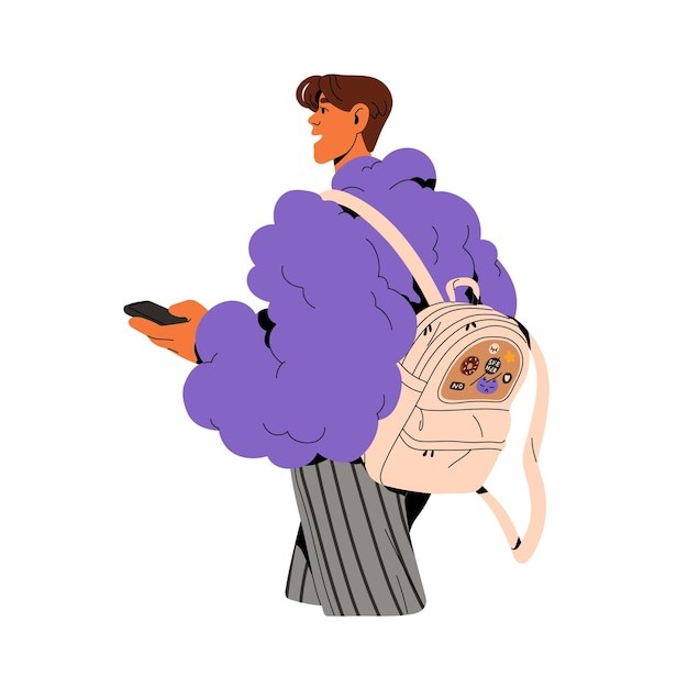 时尚背包的年轻人走路背影插画