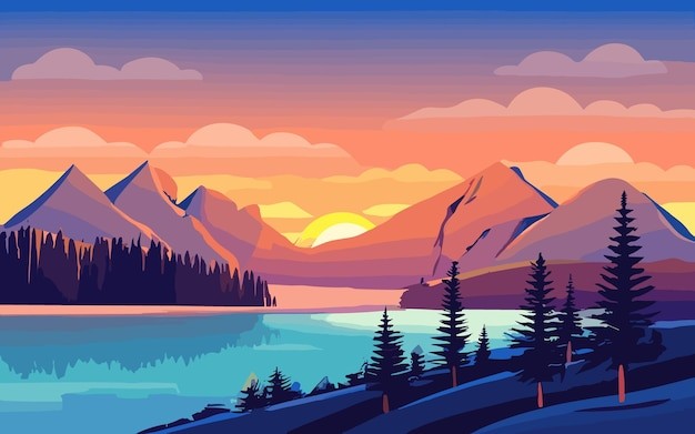 日落森林湖景风景插画