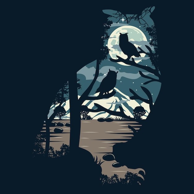 夜晚猫头鹰多重曝光风格插画