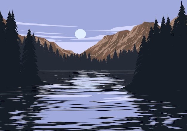 风景山水湖泊夜晚插画